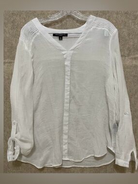 Sharagano women’s XL Crinkle Gauze TOP Shirt roll tab sleeve white